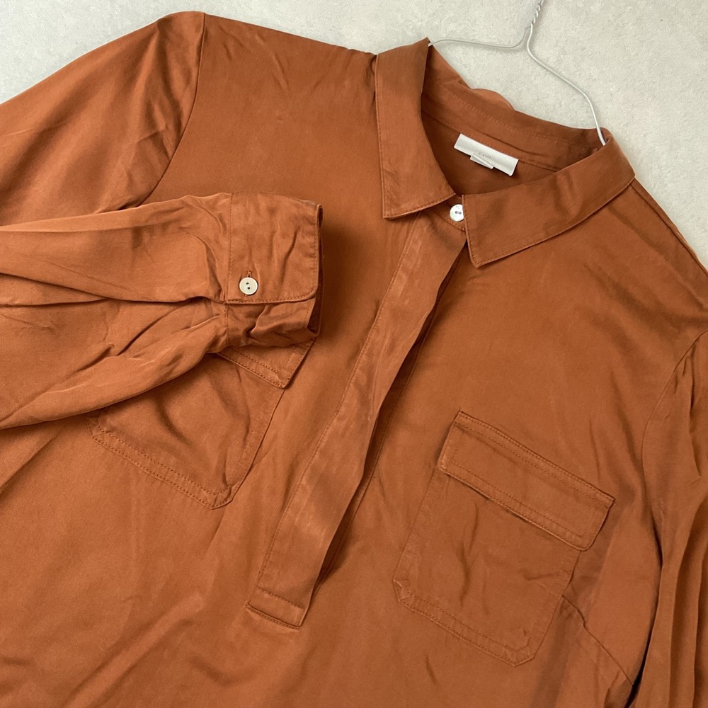 J Jill Rust Brown Modal‎ Rayon Popover Blouse Long Sleeve Large Petite Pocket